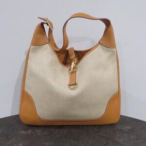 REINA Italian Leather Tan Leather Trim Beige Canvas Shoulder Bag